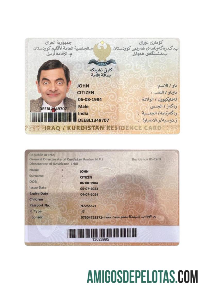 Cartão de Residência no Curdistão do Iraque exemplo